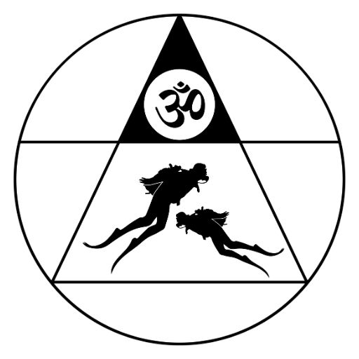 At Depth Solutions Logo of a simplified iceberg in a circle with two divers underneath the surface of the buddhist ohm sig